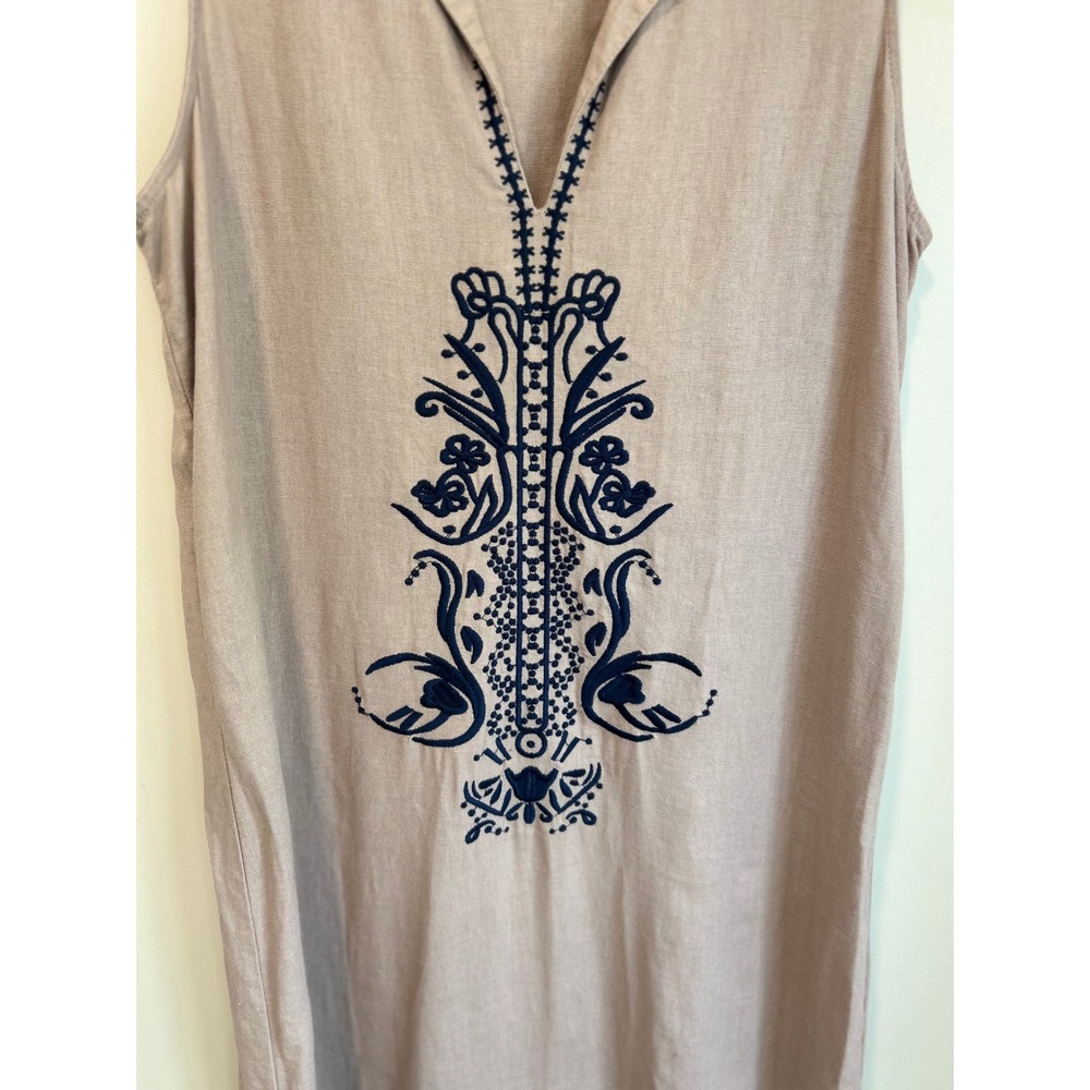 Sigrid Olsen Tan Linen Blend Embroidered Sleeveless Maxi Dress Boho Tan Navy M - Picture 3 of 8